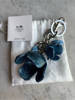 Coach Blue Glitter Tea Rose Flower Keychain Charm